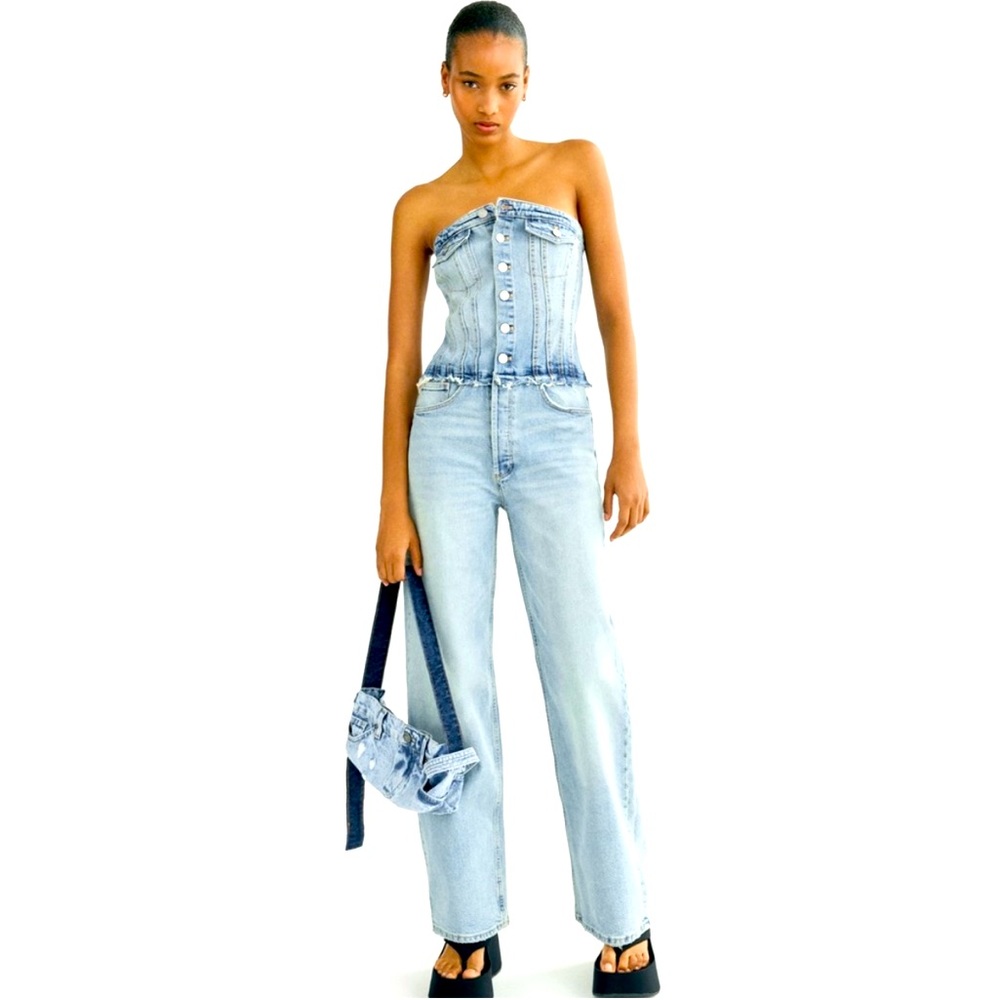 Zara denim light wash tube jumpsuit size medium - Picture 1 of 13